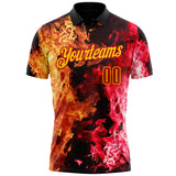 Custom Black Red-Yellow Flame Split Fire Performance Polo Shirt