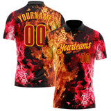 Custom Black Red-Yellow Flame Split Fire Performance Polo Shirt
