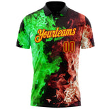 Custom Black Red Green-Yellow Flame Split Fire Performance Polo Shirt
