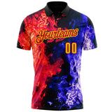 Custom Black Yellow Blue-Red Flame Split Fire Performance Polo Shirt