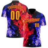 Custom Black Yellow Blue-Red Flame Split Fire Performance Polo Shirt