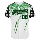 Custom White Black-Grass Green Splatter Brush Stroke Star Raglan Sleeves Authentic Baseball Jersey