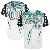 Custom White Black-Teal Splatter Brush Stroke Star Raglan Sleeves Authentic Baseball Jersey
