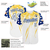 Custom White Royal-Yellow Splatter Brush Stroke Star Raglan Sleeves Authentic Baseball Jersey