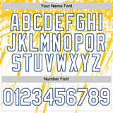 Custom White Royal-Yellow Splatter Brush Stroke Star Raglan Sleeves Authentic Baseball Jersey