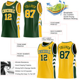 Custom Green Gold-White Side Panel Geometric Chevron Reversible Double Side Sublimation Basketball Set Jersey