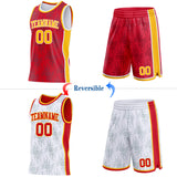 Custom Red Gold-White Side Panel Stripe Sun Flame Reversible Double Side Sublimation Basketball Set Jersey