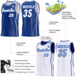 Custom Royal White-Light Blue Side Panel Stripe Geometric Triangle Gradient Dot Reversible Double Side Sublimation Basketball Set Jersey