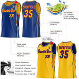 Custom Royal Gold-Red Side Panel Stripe Geometric Triangle Gradient Dot Reversible Double Side Sublimation Basketball Set Jersey