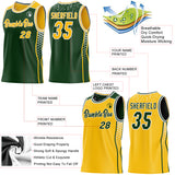 Custom Green Gold-White Side Panel Stripe Geometric Triangle Gradient Dot Reversible Double Side Sublimation Basketball Set Jersey