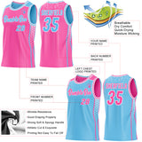 Custom Pink Sky Blue-White Side Panel Stripe Geometric Triangle Gradient Dot Reversible Double Side Sublimation Basketball Set Jersey