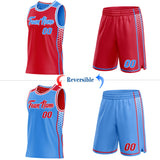 Custom Red Powder Blue-White Side Panel Stripe Geometric Triangle Gradient Dot Reversible Double Side Sublimation Basketball Set Jersey