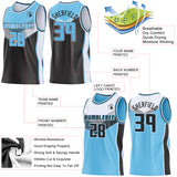 Custom Sky Blue Black-White Side Panel Stripe Geometric V-Cut Color Block Reversible Double Side Sublimation Basketball Set Jersey