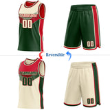 Custom Cream Green-Red Side Panel Stripe Geometric V-Cut Color Block Reversible Double Side Sublimation Basketball Set Jersey