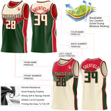Custom Cream Green-Red Side Panel Stripe Geometric V-Cut Color Block Reversible Double Side Sublimation Basketball Set Jersey
