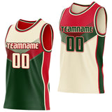 Custom Cream Green-Red Side Panel Stripe Geometric V-Cut Color Block Reversible Double Side Sublimation Basketball Set Jersey