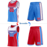 Custom Red Powder Blue-White Side Panel Stripe Geometric V-Cut Color Block Reversible Double Side Sublimation Basketball Set Jersey