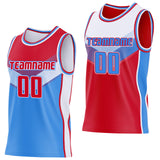 Custom Red Powder Blue-White Side Panel Stripe Geometric V-Cut Color Block Reversible Double Side Sublimation Basketball Set Jersey