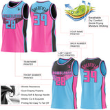 Custom Sky Blue Pink-Black Side Panel Stripe Geometric V-Cut Color Block Reversible Double Side Sublimation Basketball Set Jersey