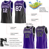 Custom Black White-Purple Side Panel Stripe Gradient Geometric Honeycomb Reversible Double Side Sublimation Basketball Set Jersey