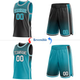 Custom Black Teal White Side Panel Stripe Gradient Geometric Honeycomb Reversible Double Side Sublimation Basketball Set Jersey