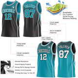 Custom Black Teal White Side Panel Stripe Gradient Geometric Honeycomb Reversible Double Side Sublimation Basketball Set Jersey
