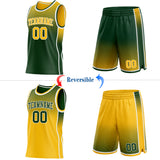 Custom Green Gold-White Side Panel Stripe Gradient Geometric Honeycomb Reversible Double Side Sublimation Basketball Set Jersey