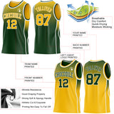 Custom Green Gold-White Side Panel Stripe Gradient Geometric Honeycomb Reversible Double Side Sublimation Basketball Set Jersey