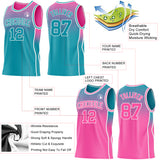 Custom Teal Pink-White Side Panel Stripe Gradient Geometric Honeycomb Reversible Double Side Sublimation Basketball Set Jersey