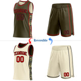 Custom Olive(Cream) Black-Red Camo Side Panel Stripe Reversible Double Side Sublimation Basketball Set Jersey