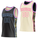 Custom Black(Cream) Light Blue-Pink Camo Side Panel Stripe Reversible Double Side Sublimation Basketball Set Jersey