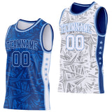 Custom Royal Light Blue-White Side Panel Stripe Stars Geometric Shatter Starburst Reversible Double Side Sublimation Basketball Set Jersey