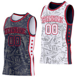 Custom Navy Red-White Side Panel Stripe Stars Geometric Shatter Starburst Reversible Double Side Sublimation Basketball Set Jersey