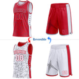 Custom Red Gray-White Side Panel Stripe Stars Geometric Shatter Starburst Reversible Double Side Sublimation Basketball Set Jersey