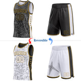 Custom Black Old Gold-White Side Panel Stripe Stars Geometric Shatter Starburst Reversible Double Side Sublimation Basketball Set Jersey