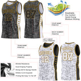 Custom Black Old Gold-White Side Panel Stripe Stars Geometric Shatter Starburst Reversible Double Side Sublimation Basketball Set Jersey