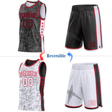 Custom Black Red-White Side Panel Stripe Stars Geometric Shatter Starburst Reversible Double Side Sublimation Basketball Set Jersey