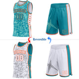 Custom Teal Orange-White Side Panel Stripe Stars Geometric Shatter Starburst Reversible Double Side Sublimation Basketball Set Jersey