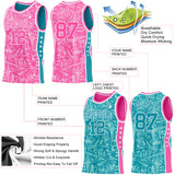 Custom Pink White-Teal Side Panel Stripe Stars Geometric Shatter Starburst Reversible Double Side Sublimation Basketball Set Jersey