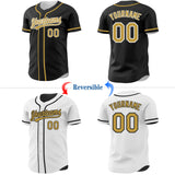 Custom Black Old Gold-White Reversible Button-Down Baseball Jersey