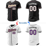 Custom Black White Old Gold-Purple Reversible Button-Down Baseball Jersey