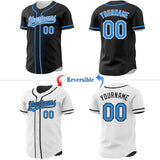 Custom Black Electric Blue-White Reversible Button-Down Baseball Jersey