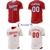 Custom Red White Red Pinstripe Reversible Button-Down Baseball Jersey