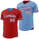 Custom Red Light Blue Reversible Button-Down Baseball Jersey