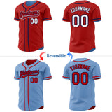 Custom Red Light Blue Reversible Button-Down Baseball Jersey