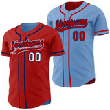 Custom Red Light Blue Reversible Button-Down Baseball Jersey