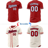Custom Red Navy Pinstripe Cream Reversible Button-Down Baseball Jersey