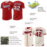 Custom Red Navy Pinstripe Cream Reversible Button-Down Baseball Jersey