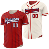 Custom Red Navy Pinstripe Cream Reversible Button-Down Baseball Jersey
