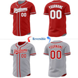 Custom Red White-Gray Reversible Button-Down Baseball Jersey